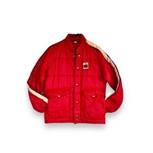 VTG International Harvestor Red Puffy Puffer Trucker Farm Work Jacket Coat M/L
